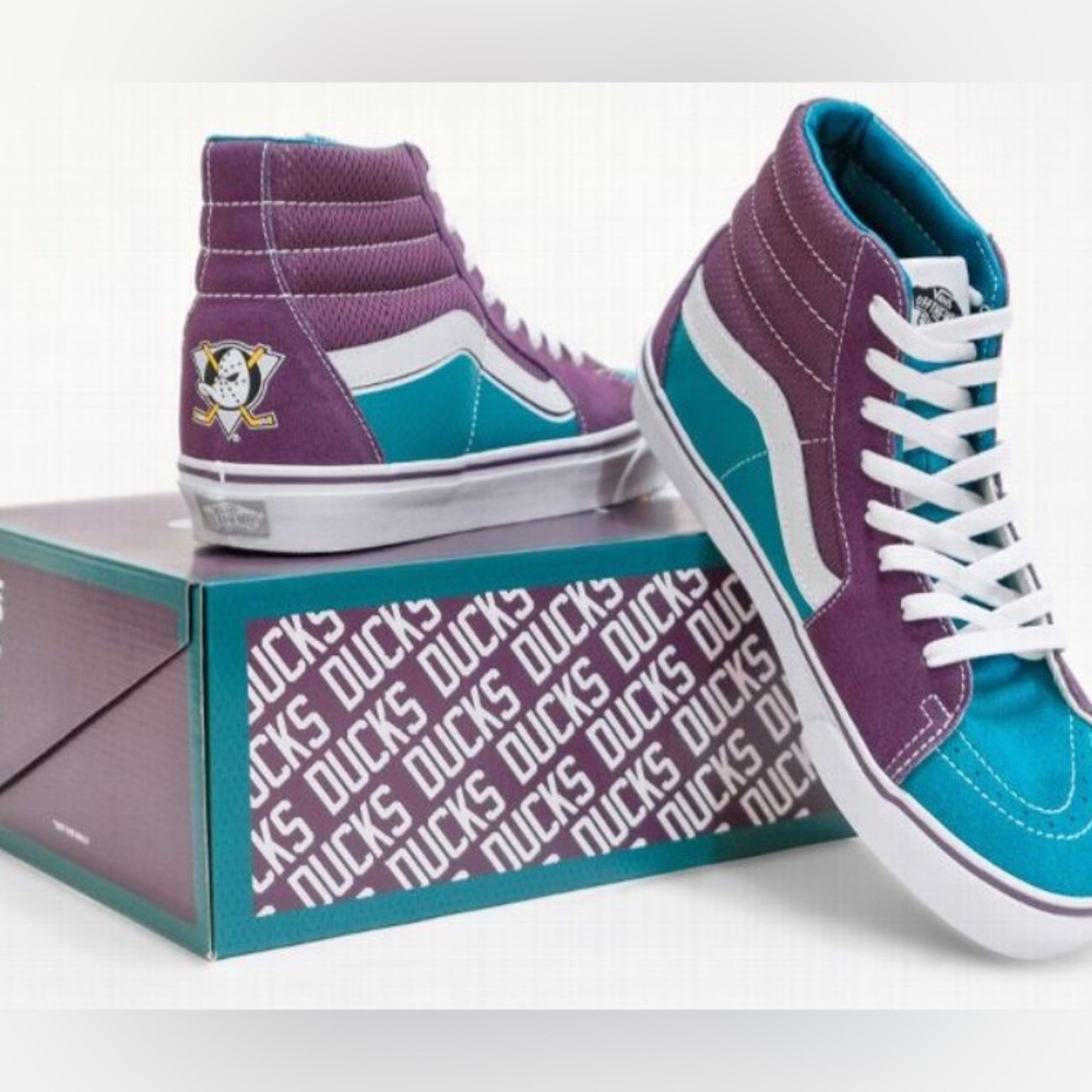 Purple and Teal High-Top Anaheim Ducks Vans Sneakers - Picture 1 of 1